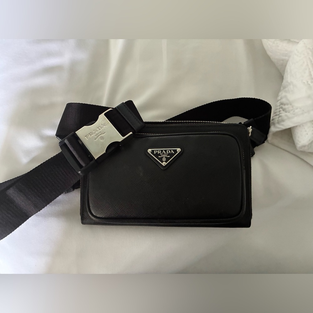 Prada Black Saffiano Leather Belt Bag with Silver Hardware